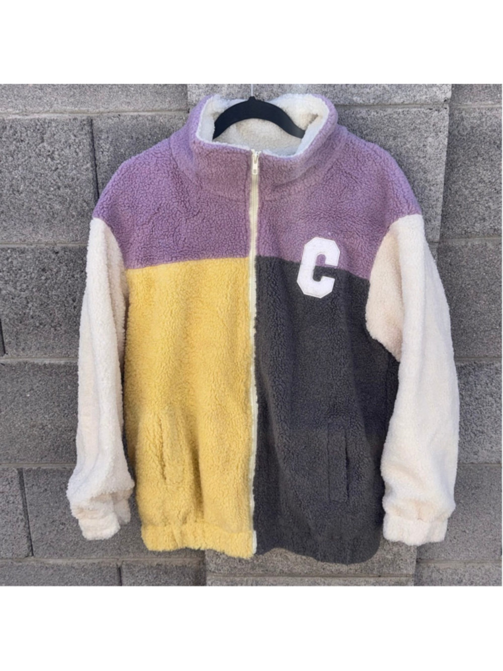 CIDER Colorblock Teddy Purple Yellow sweater zip up color block Med to Large